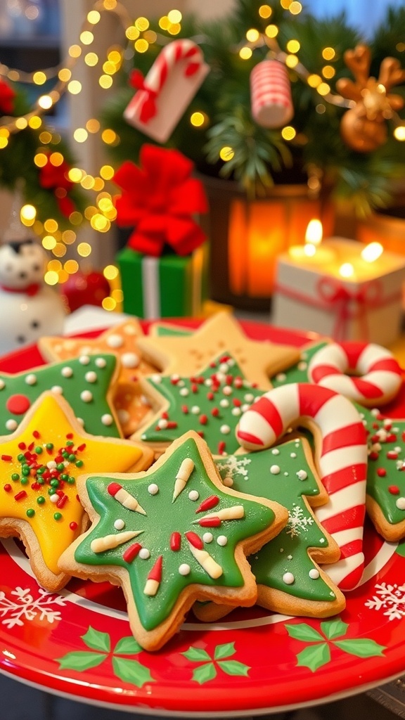 A plate of decorated Christmas cookies in various shapes, surrounded by holiday decorations.